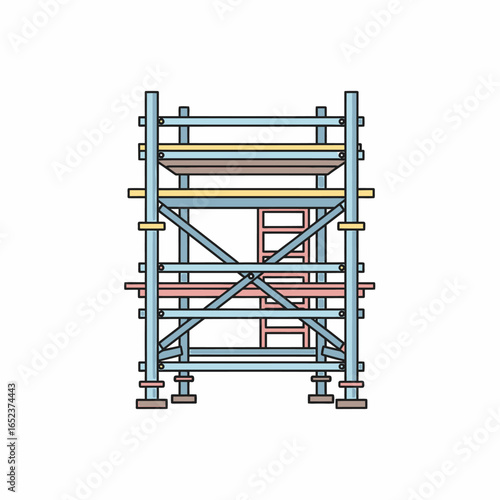 A sturdy, multi-level scaffolding structure with horizontal platforms and diagonal bracing, designed for construction or maintenance work.