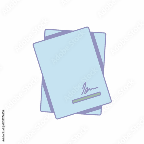 A stylized illustration of a signed document, showing a stack of papers with an autograph on top.