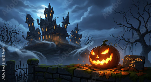 A spooky halloween scene with a haunted house pumpkin and halloween day sign under a cloudy night sky