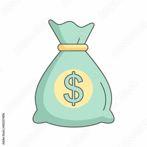 A light green drawstring money bag with a yellow dollar sign emblem, symbolizing wealth and financial gain.