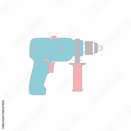 A stylized, flat illustration of a cordless power drill with a turquoise body, pink grip, and grey chuck on a white background.