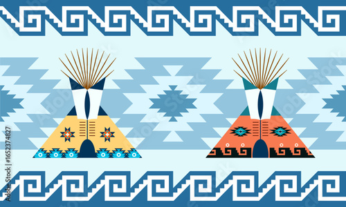 american Indian tent teepee vector on pattern native background.
