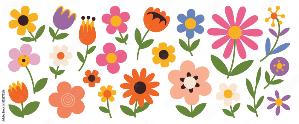 Obraz premium A collection of colorful cartoon style flowers on a white background floral nature