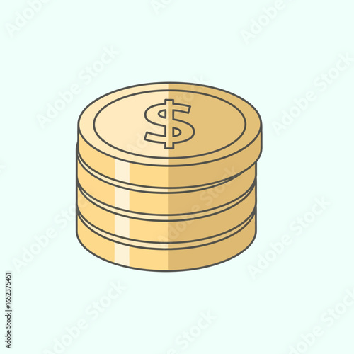 A stack of golden coins with a dollar sign embossed on the top coin, presented in a clean, flat design style against a light blue background.