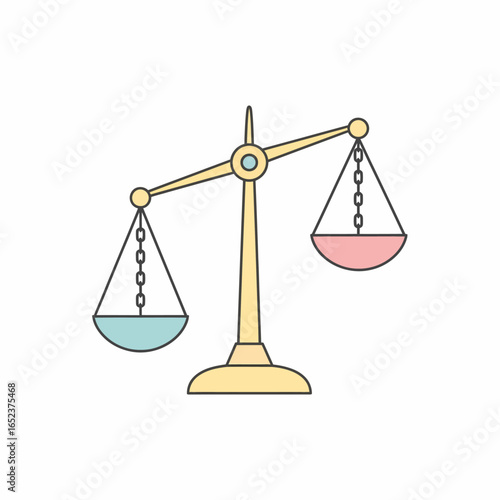 A simple, flat illustration of a yellow balance scale with two pans, one slightly lower than the other, holding pastel blue and pink liquid.