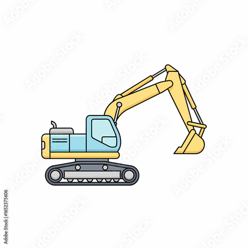 A yellow and blue excavator with a bucket extended, depicted on a white background.
