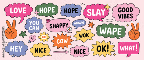 Colorful speech bubbles with positive words and peace signs on a light pink background text message