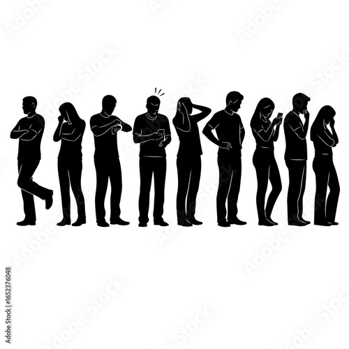 impatient crowd waiting in line transparent vector silhouettes