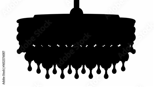 A silhouette of a tiered chandelier with decorative droplets hanging down against a white background space