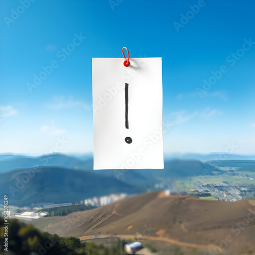 Note paper with exclamation mark on panoramic blue background