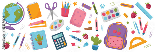 Flat cartoon school supplies and stationery on white background globe notebook