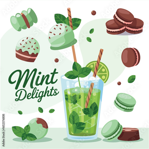 Refreshing Mint Drink with Sweet Treats and Macarons beverage refreshment