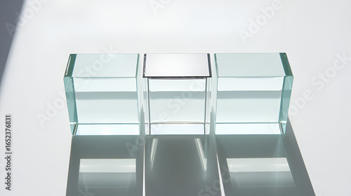Glass clear prisms with light defraction and shadows.