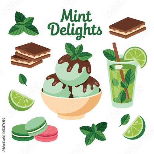 Mint ice cream bowl with chocolate sauce and refreshing mint drink dessert