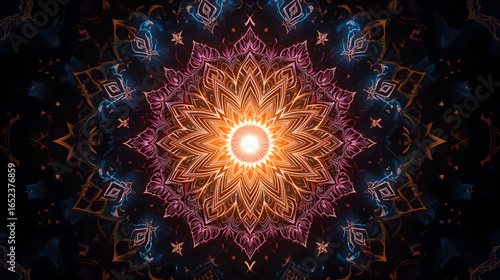 Holy vibrations of light. Spirit energy. Shining esoteric waves. .Mandala on black background. Flower spirit. Glow mehndi. flickering forms. .Colorful star. Kaleidoscope shape. Spiritual motifs