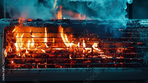A heater that is on fire in a dark room