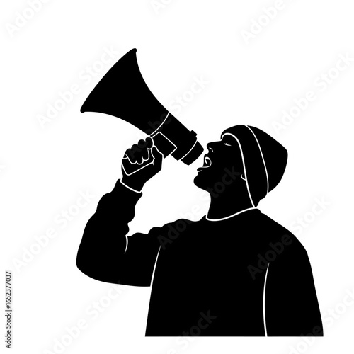 powerful announcer silhouette with megaphone transparent background vector