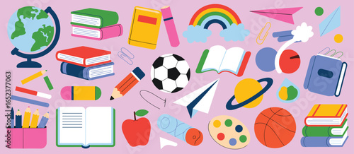 Colorful school supplies and learning objects flat lay illustration education