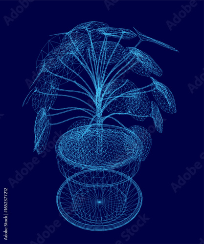 A 3D wireframe potted plant features intricate lines and curves for a realistic appearance. The detailed structure stands out against a solid blue background.