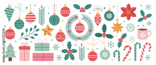 Flat minimalist Christmas ornaments and decorations on white background holiday bauble