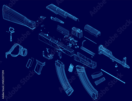 A detailed blueprint of a rifle on a blue background displays the intricate wireframe design and mechanical components. The schematic highlights the barrel, trigger, and stock with precision.