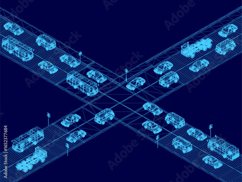 A wireframe blueprint of a modern bridge with cars traversing its structure, featuring interconnected lines and geometric shapes. The design showcases intricate engineering details against.