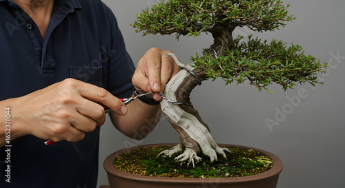 Close-up of hands meticulously wiring a bonsai tree, a traditional art of shaping miniature trees