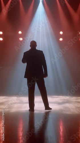 A performer on stage, silhouetted against stage lighting, grasps a microphone, ready for the live performance ahead, creating a dramatic scene.
