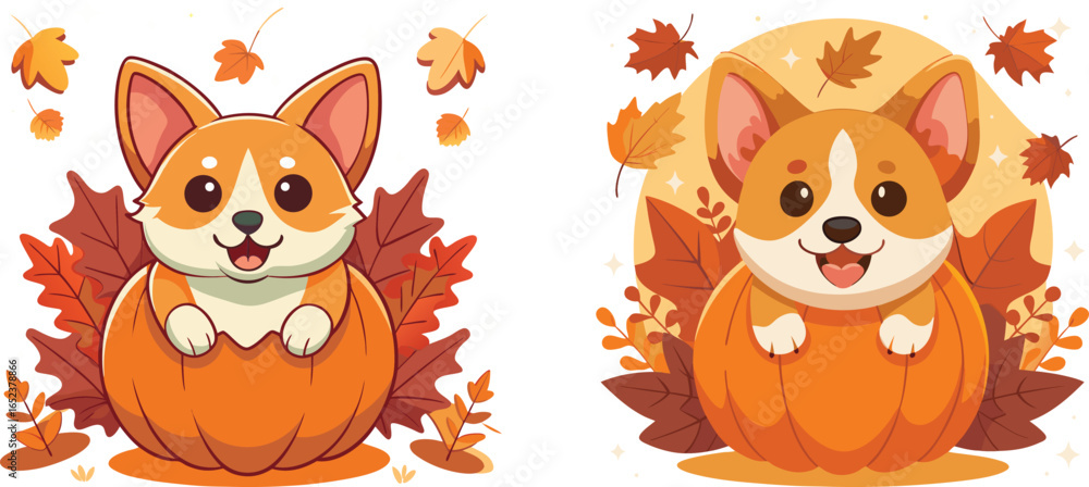 Obraz premium Adorable Corgi Puppies in Pumpkins Surrounded by Autumn Leaves Celebrating Fall Season Fun