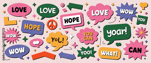 Vibrant Speech Bubbles with Positive Words and Retro Elements text message