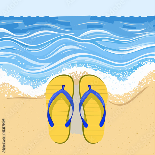 Flip flops on the beach. Sandy coast and waves. Summer vector illustration for banner, card, invitation, sales.