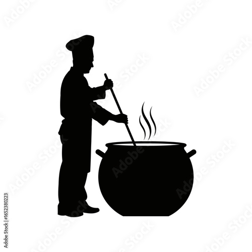 transparent background chef silhouette stirring a large pot of soup
