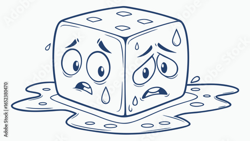 Cartoon ice cube with a sad face melting into a puddle on a white background in a line art style