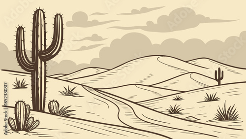 Illustration of a desert landscape with cacti, sand dunes, and a winding path under a cloudy sky