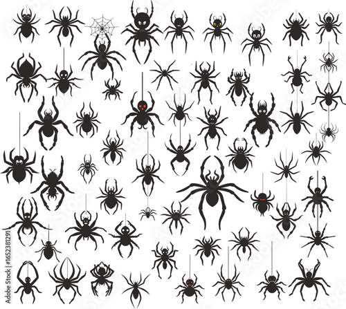 Collection of Spider Silhouettes for Halloween and Horror Themed Designs Featuring Many Different Types and Styles