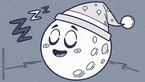 Cartoon moon character wearing a nightcap and sleeping with zzz above it on a gray background scene
