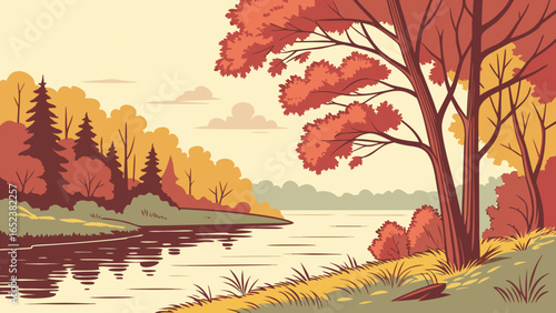 Illustration of a scenic autumn landscape with a river and trees in warm fall colors and cloudy sky