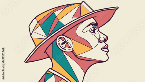 Abstract portrait of a person with a hat composed of geometric shapes and colorful patterns design
