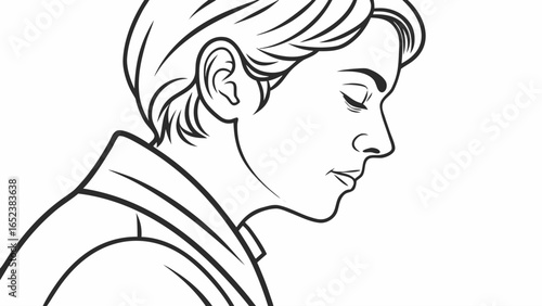 Illustration of a person with short hair and closed eyes in profile with a collared shirt outline