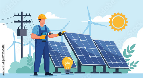 Renewable Energy Technician Working with Solar Panels and Wind Turbines
