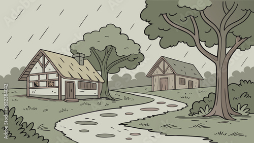 A rainy day scene with two houses trees and a path filled with puddles in a rural landscape view