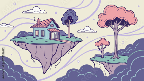 Illustration of a house and trees on floating islands surrounded by clouds in a dreamy landscape