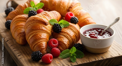 Golden croissants on a wooden cutting board, garnished with fresh raspberries, blackberries, mint leaves, and a small bowl of raspberry jam.