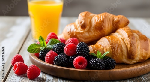 Croissants with raspberries, blackberries, and mint leaves on a wooden platter, accompanied by a glass of orange juice in the background.