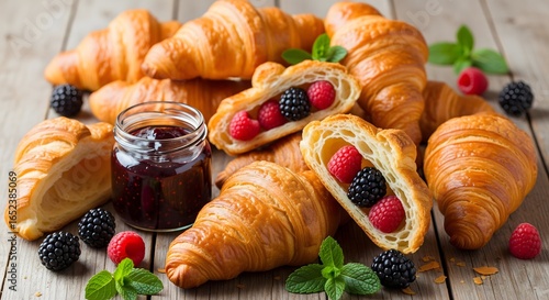 A beautifully arranged breakfast scene with golden croissants, fresh raspberries, blackberries, mint leaves, and a jar of fruit jam.