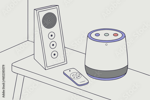 Home audio setup featuring smart speaker wireless remote and bookshelf speaker for modern entertainment system