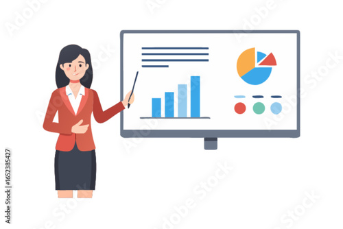 Business presentation with chart and graph analysis by professional woman presenter and instructor showing data