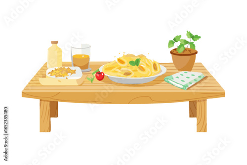 Delicious pasta dish with juice and plant on wooden table vector illustration art design graphic