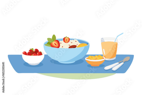 Healthy breakfast bowl with fruits, cereal, and juice for a nutritious start to your day illustration