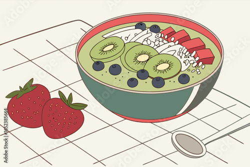 Healthy breakfast bowl with kiwi, strawberries, blueberries, and coconut flakes for a nutritious meal